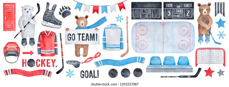 Big Ice Hockey Set and brown   polar bear characters  various thematic symbols  cheering fan signs   celebration bunting  Watercolour painting  cutout clip art elements for prints   decoration 