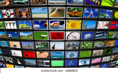 Big Installation Of Flat Panel TVs Displaying Different Images