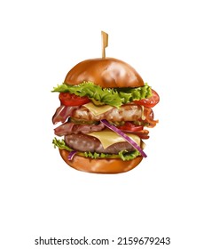 Big Juicy Burger With Two Cutlets And Vegetables