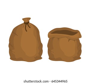 Big Knotted Sack Full And Empty. Brown Textile Bag Of Potatoes Oder Grain. Farm Object
