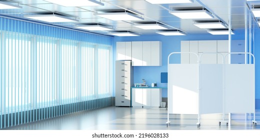 Big Laboratory. Room For Laboratory Analysis. Interior Medical Laboratory Without Anyone. Research Premises With Large Windows. Interior Scientific Premises. Interior In Shades Of Blue. 3d Image.