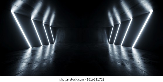 Big Large Neon Laser Blue Dark Night Warehouse Tunnel Corridor Concrete Garage Grunge Sci Fi Futuristic Underground Showcase Car Parking Empty 3D Rendering Illustration