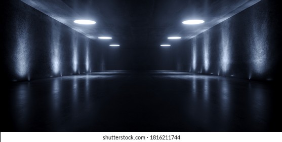 Big Large Neon Laser Blue Dark Night Warehouse Tunnel Corridor Concrete Garage Grunge Sci Fi Futuristic Underground Showcase Car Parking Empty 3D Rendering Illustration