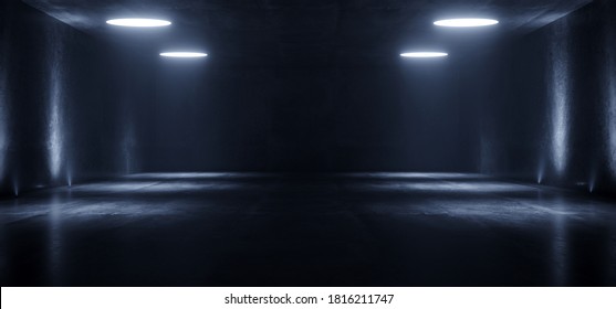 Big Large Neon Laser Blue Dark Night Warehouse Tunnel Corridor Concrete Garage Grunge Sci Fi Futuristic Underground Showcase Car Parking Empty 3D Rendering Illustration