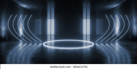 Big Large Neon Stage Podium Laser Blue Dark Night Warehouse Tunnel Corridor Concrete Garage Grunge Sci Fi Futuristic Underground Showcase Car Parking Empty 3D Rendering Illustration