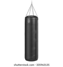 Big leather black punching bag. 3D graphic object on white background isolated