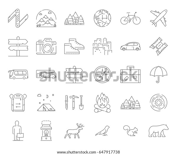 Big line icons set for camping and hiking.\
Linear symbol for\
tourism.