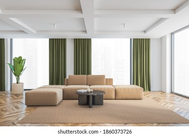 Big Living Room With Brown Sofa, Grey Coffee Table. Large Windows In Big Hall With Green Curtains, Wooden Parquet Floor With Carpet, White Walls, 3D Rendering No People