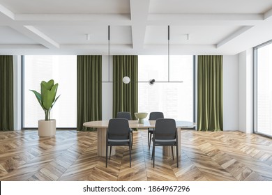 Big Living Room With Four Grey Chairs And Brown Table. Large Windows In Big Hall With Green Curtains, Wooden Parquet Floor And Plant, White Walls, 3D Rendering No People