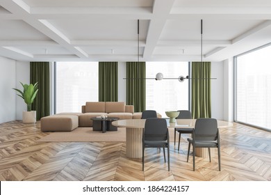 Big Living Room With Grey Chairs, Brown Table And Brown Sofa On Background. Large Windows In Big Hall With Green Curtains, Light Wooden Parquet Floor And White Walls, 3D Rendering No People