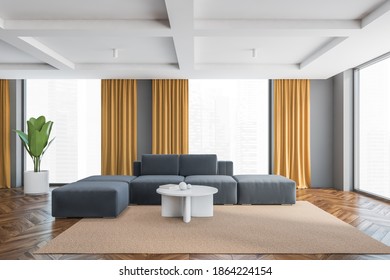 Big Living Room With Grey Sofa, White Coffee Table. Large Windows In Big Hall With Yellow Curtains, Wooden Parquet Floor And Beige Carpet, Grey Walls, 3D Rendering No People