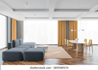 Big Living Room With Yellow Chairs, White Table And Grey Sofa, Side View. Large Windows In Big Hall With Yellow Curtains, Wooden Parquet Floor And Grey Walls, 3D Rendering No People