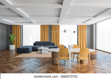 Big Living Room With Yellow Chairs, White Table And Grey Sofa On Background. Large Windows In Big Hall With Yellow Curtains, Wooden Parquet Floor And Grey Walls, 3D Rendering No People