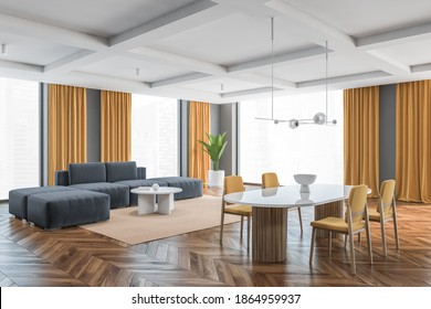 Big Living Room With Yellow Chairs, White Table And Grey Sofa, Side View. Large Windows In Big Hall With Yellow Curtains, Wooden Parquet Floor And Grey Walls, 3D Rendering No People