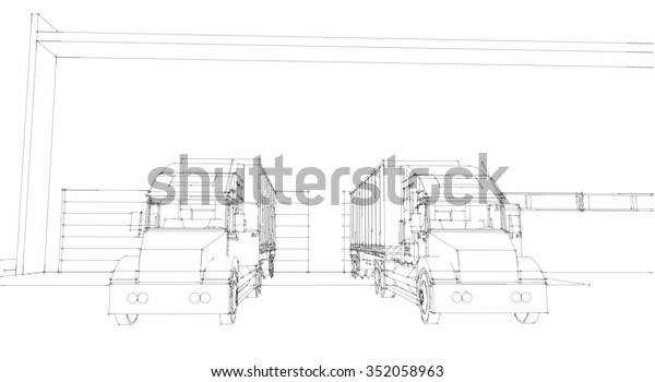Big lorry\
delivery truck. X-ray.Near about garage storage, warehouses\
Isolated sketch 3d render on wight \
background