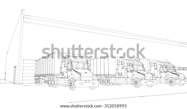 Big lorry\
delivery truck. X-ray.Near about garage storage, warehouses\
Isolated sketch 3d render on wight \
background