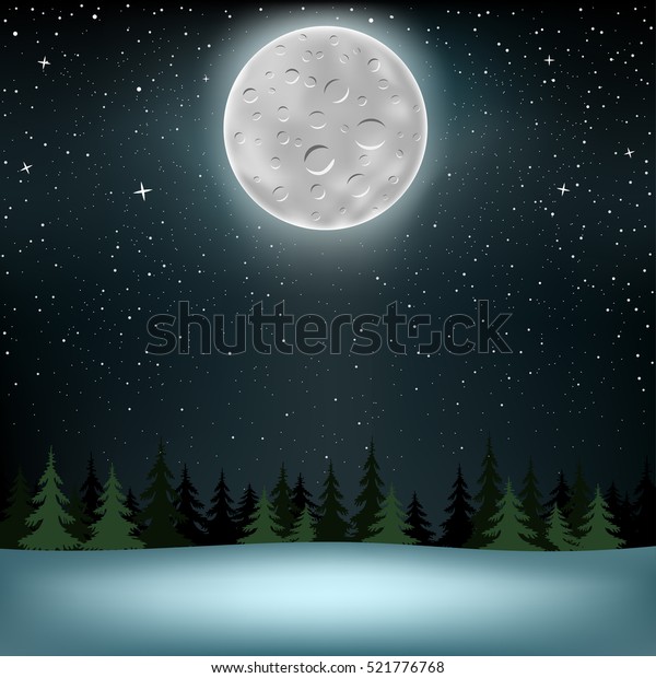 Big\
moon with craters over night wood on stars\
background