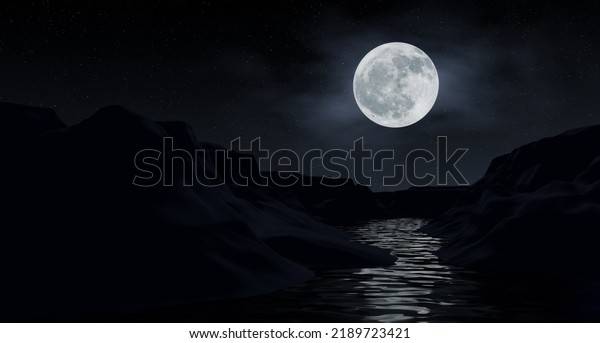 Big moon\
in the mountains, snow mountain. illustration of a beautiful dark\
mountain landscape with fog. 3D\
Rendering.
