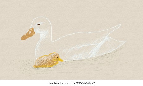 Big mother white duck and baby yellow duckling swimming   line easy drawing  Illustration sketching birds  Cute farm animal characters  Collection modern simple landscape abstraction  Wildlife 