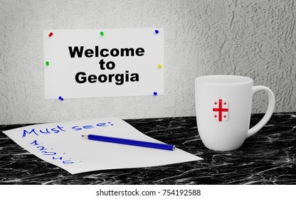 Big mug and label on the wall with text Welcome to Georgia. 3D rendering.