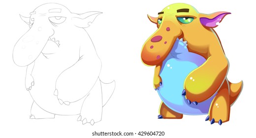 Big Nose Blob Fish Monkey Creature. Coloring Book, Outline Sketch, Monster Mascot Character Design Isolated On White Background
