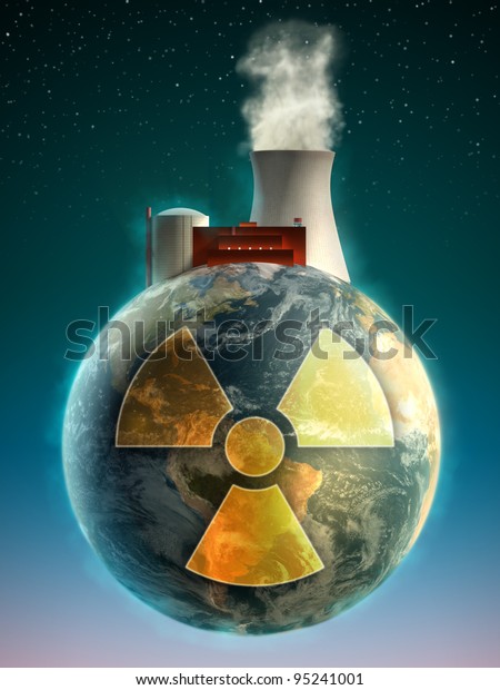 Big nuclear power plant on top of the\
Earth. Digital\
illustration.