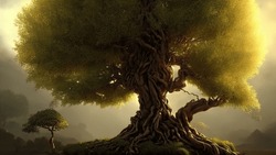 Big Old Fairy Tree, The Trunk Of A Centuries-old Tree Of Twining Roots At Sunset. 3d Illustration