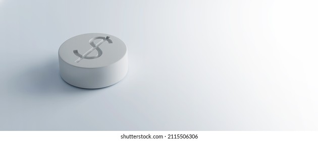 Big Pharma. A Tablet Or Pill With A Dollar Mark Pressed On To It. Isolated On White. Pharmaceutical Industry Concept. 3D Illustration, 3D Rendering.