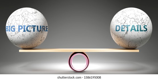 Big picture and details in balance - pictured as balanced balls on scale that symbolize harmony and equity between Big picture and details that is good and beneficial., 3d illustration