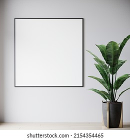 The Big Picture On The Wall Is A Square Art Format. Gray Neutral Colors Wall And Minimalistic Design Of The Gallery Space Or Room. Mockup Large One 1 Frame. Light Background. 3d Rendering