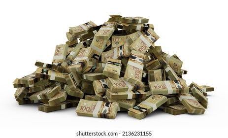 Big Pile Of 100 Canadian Dollar Notes. A Lot Of Money Over White Background. 3d Rendering Of Bundles Of Cash