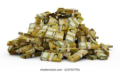 Big pile of 50000 South Korean won notes a lot of money over white background. 3d rendering of bundles of cash