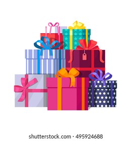 Big Pile Of Colorful Wrapped Gift Boxes. Mountain Gifts. Beautiful Present Box With Overwhelming Bow. Gift Box Icon. Gift Symbol. Christmas Gift Box. Isolated  Illustration