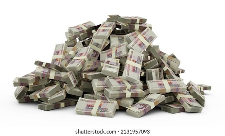 Big Pile Of Russian Ruble Notes, A Lot Of Money Over White Background. 3d Rendering Of Bundles Of Cash