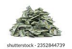 Big pile of US dollar notes. A lot of money isolated on white background. 3d rendering of bundles of cash