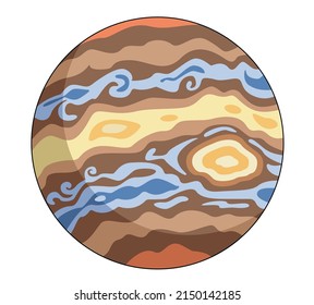 Big Planet Jupiter. Cartoon Picture For Children With A Black Stroke On A White Background.