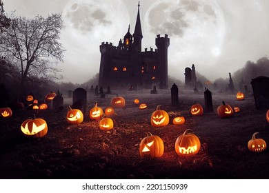 big pumpkins in the old cemetery at night on a full moon halloween, candles and lights, 3d renedering - Powered by Shutterstock