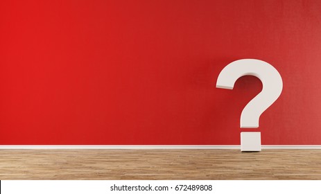 Big Question Mark As FAQ Concept Leaning On Red Wall (3D Rendering)