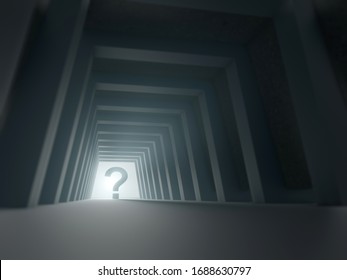 Big question mark in light at the end of the tunnel 3D render
