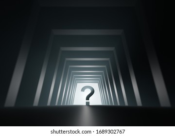 Big question mark in light at the end of the tunnel 3D render