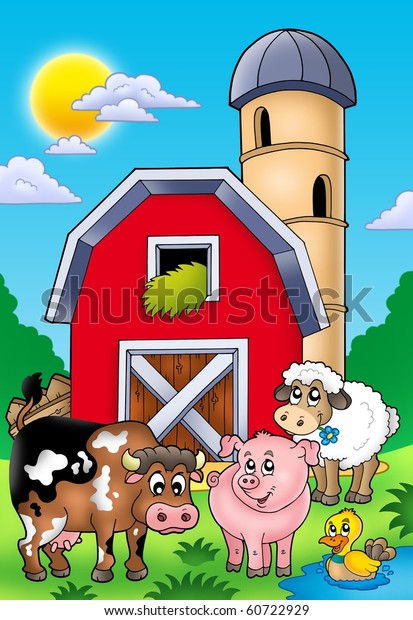 Big Red Barn Farm Animals Color Stock Illustration 60722929