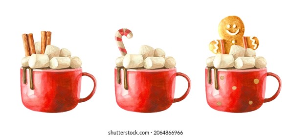 Big red cup with hot drink and marshmallows. Cocoa, chocolate. Three decoration options. Cinnamon, gingerbread man, Christmas lollipop. Watercolor illustration, painting. Objects on a white background - Powered by Shutterstock