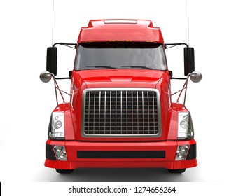 Big Red Modern Semi - Trailer Truck - Front View - 3D Illustration