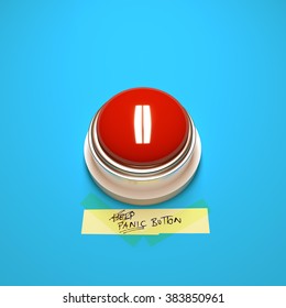 A big red panic button with a label. 3D Illustration