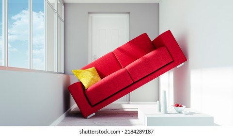 Too Big Red Sofa With Problem To Fit In A  Small White Room - 3D Illustration