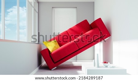 Too big red sofa with problem to fit in a  small white room - 3D illustration