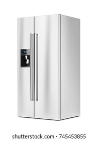 Big Refrigerator With Ice And Water Dispenser On White Background, 3D Illustration