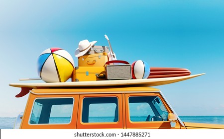 Big retro car SUV with baggage, luggage and beach equipment on the roof, fully packed, ready for summer vacation, concept of a road trip with family and friends, 3d rendering - Powered by Shutterstock