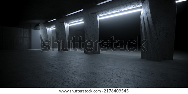 Big Rough Concrete\
Columns Pillars Grunge Asphalt Cement Dark Glowing Lights\
Underground Studio Hallway Parking Room Bunker Bomb Shelter\
Basement 3D Rendering\
illustration
