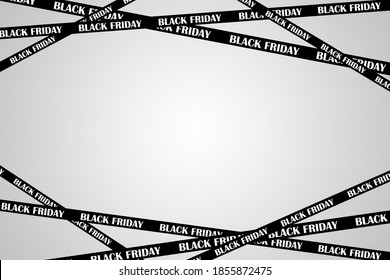 Big Sale banner with yellow stripes, police tape, police ribbon sign variationon white gradient background. Poster with empty space for your text . Yellow tape - black friday sale. Caution symbol.